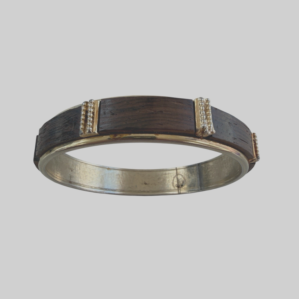 Womens Wood and Goldtone Bangle Bracelet Boho Earthy Natural Minimalist Rustic